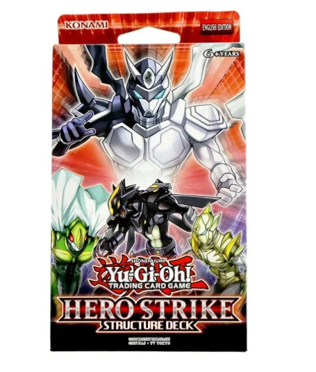 Yu-Gi-Oh! Trading Card Game Hero Strike Structure Deck box by Konami, featuring anime characters in a dynamic red, orange, black, and white design.