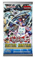 A Yu-Gi-Oh! Trading Card Game English Edition 'Justice Hunters' card booster pack by Konami, featuring colorful anime artwork of Yugi and monsters on the front.