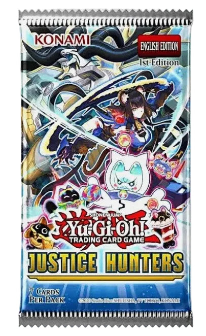 A Yu-Gi-Oh! Trading Card Game English Edition 'Justice Hunters' card booster pack by Konami, featuring colorful anime artwork of Yugi and monsters on the front.