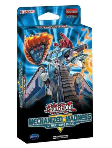 Yu-Gi-Oh! Trading Card Game 'Mechanized Madness Structure Deck' box art packaging, featuring a blue and black box with anime robot artwork and Konami branding.