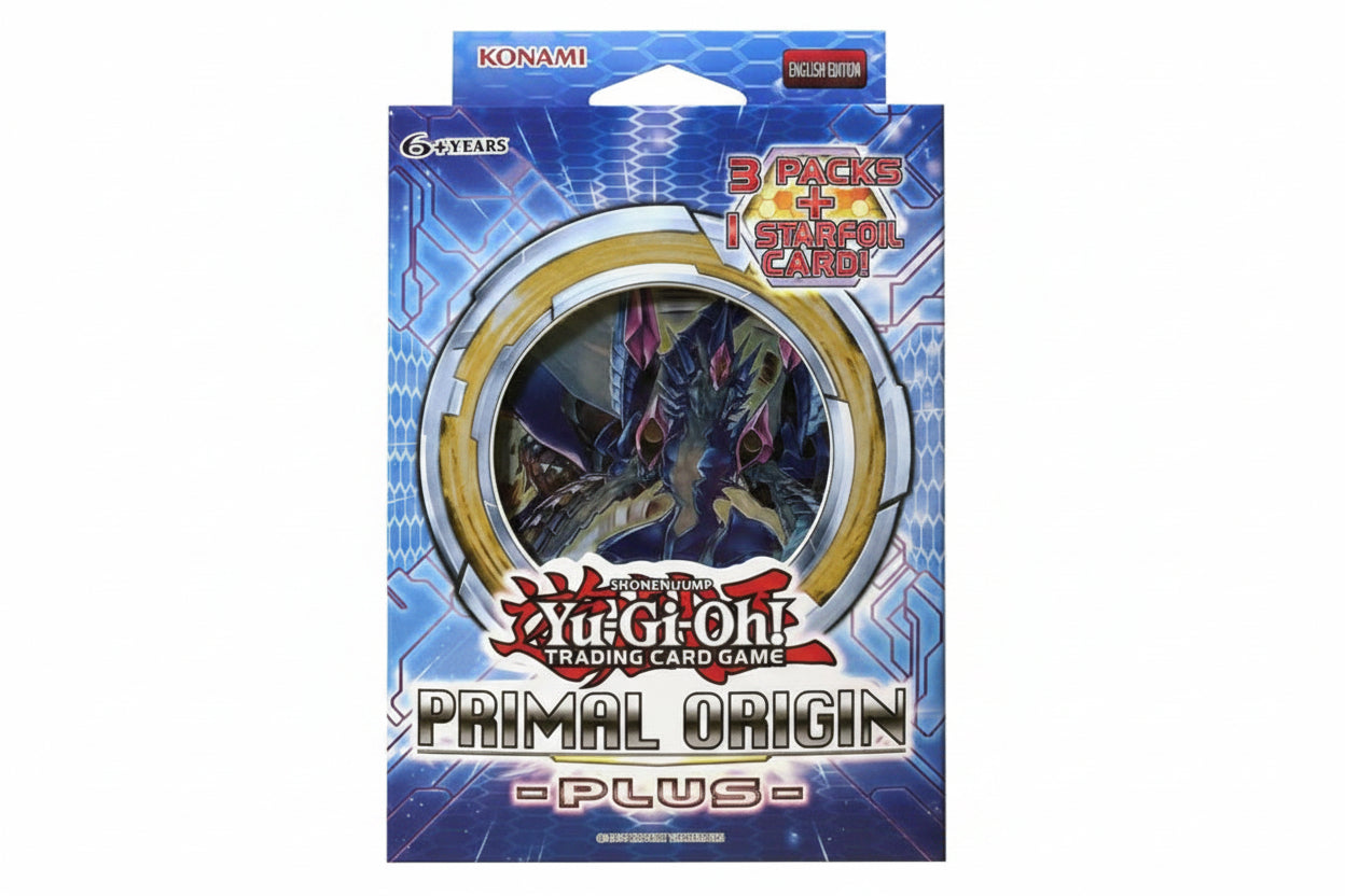 Yu-Gi-Oh! Trading Card Game Primal Origin Plus English Edition box set packaging by Konami, featuring a blue and purple card box with a large circular illustration of a dark monster and text indicating 3 packs and 1 starfoil card.