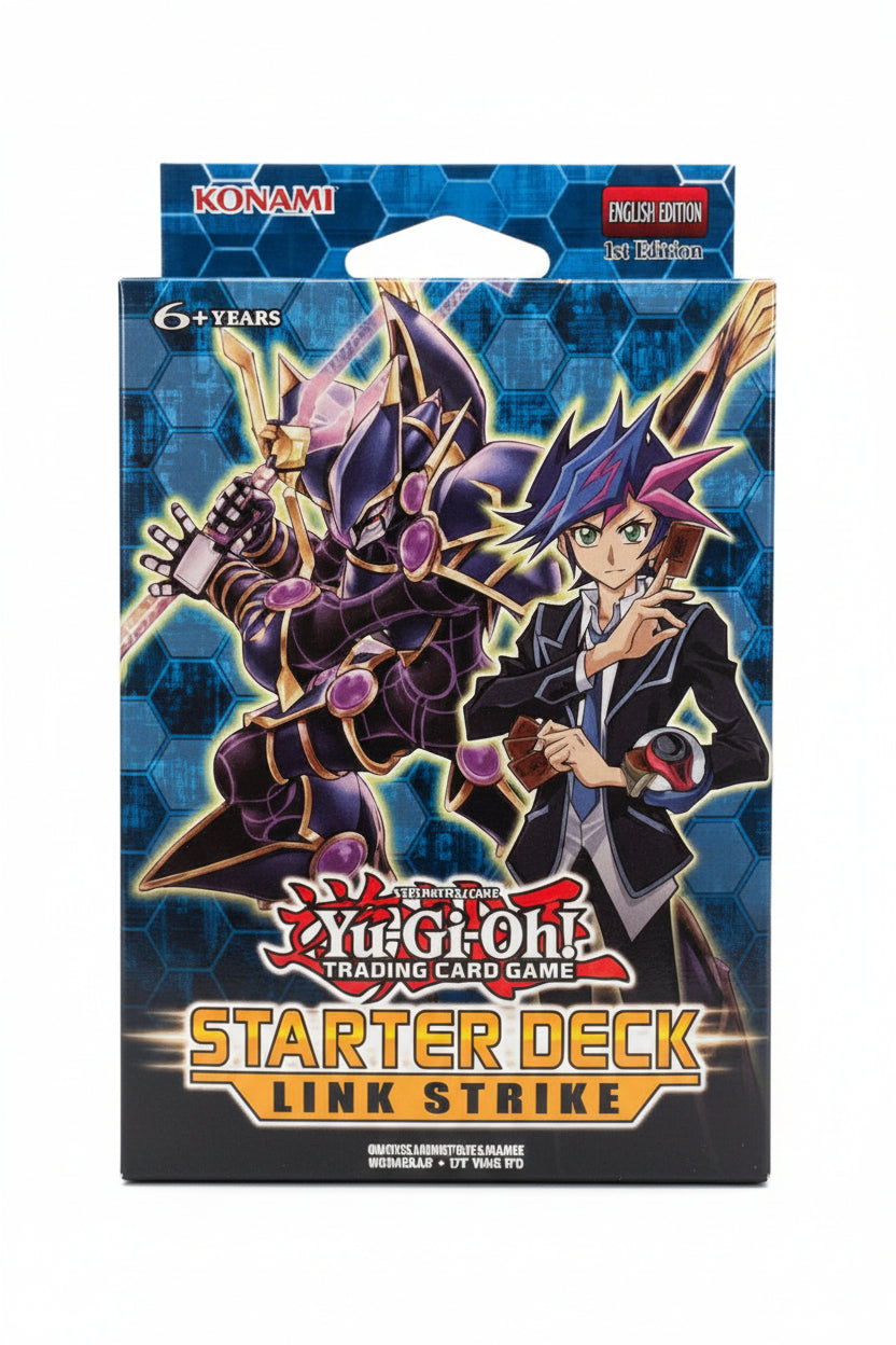 A Yu-Gi-Oh! Trading Card Game Starter Deck Link Strike card pack by Konami, featuring artwork of Yugi and a dark monster on a blue patterned background, photographed on a textured teal surface.