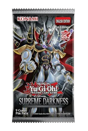 Yu-Gi-Oh! Trading Card Game English Edition 1st Edition 25th Anniversary Supreme Darkness 9 card pack, featuring a silver and black anime character on the front.