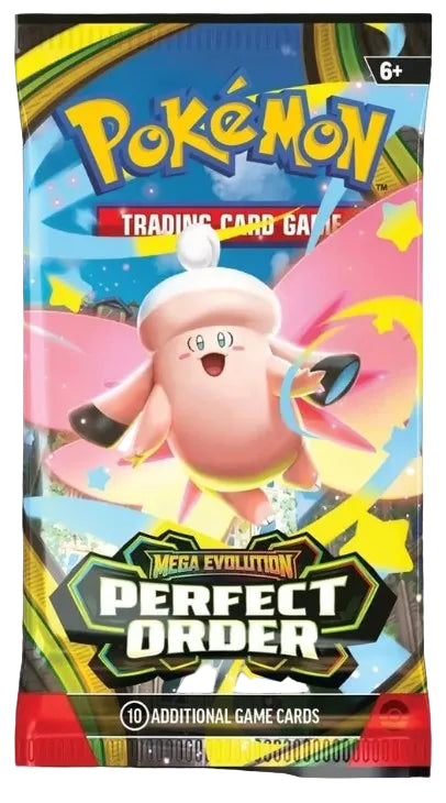 Pokémon Trading Card Game Mega Evolution Perfect Order booster pack, featuring a pink character on the front cover with yellow, blue, and red graphics.