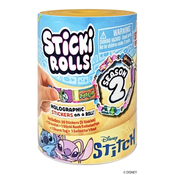 A cylindrical container of Disney Stitch 'Sticki Rolls' Season 2 holographic stickers, featuring a blue and yellow label with character illustrations of Stitch and Angel.